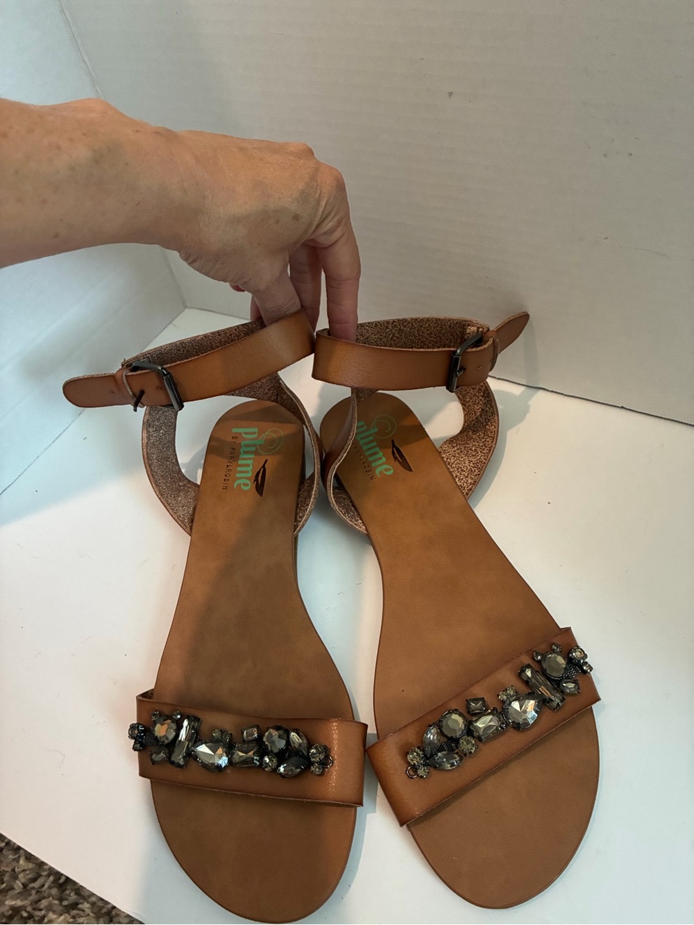 Plume Women's Tan Jeweled Ankle-Strap Sandals